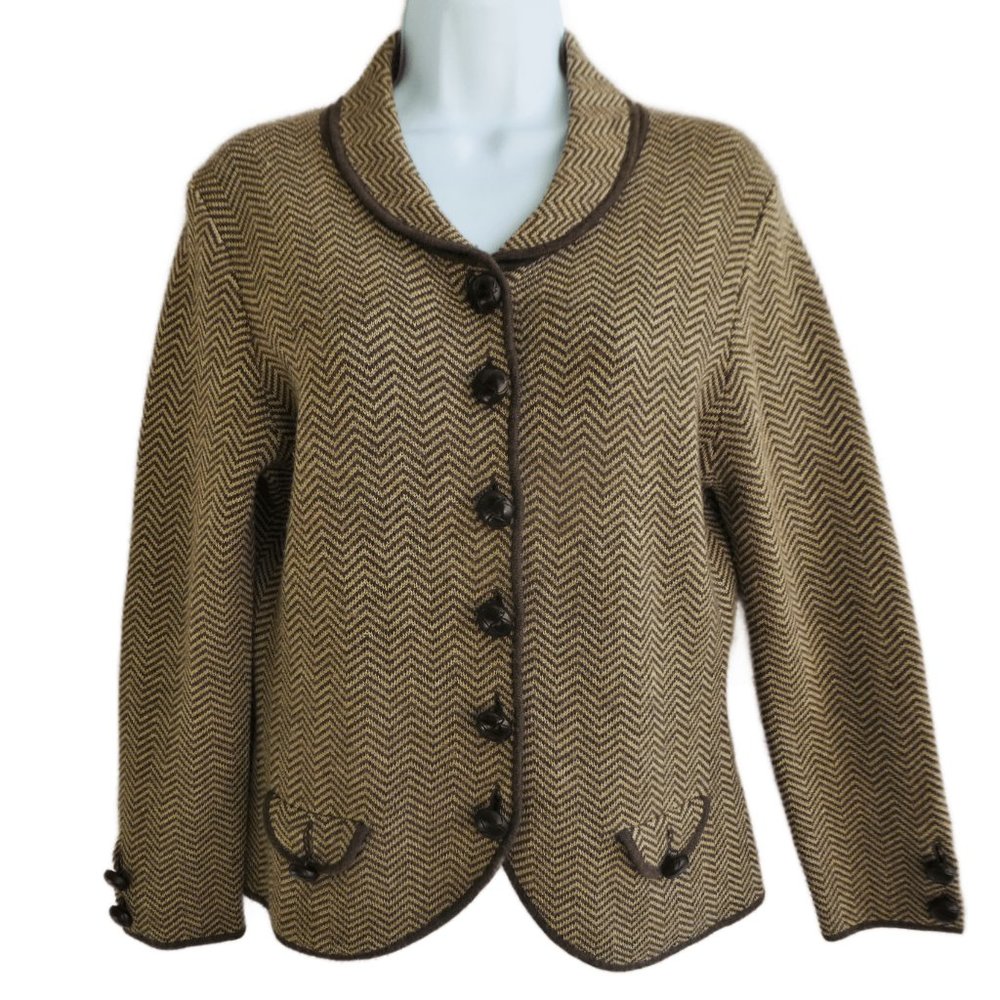 Vintage Merino Chevron Knit Sweater Blazer Brown Beige Knit Buttons Suede Patch